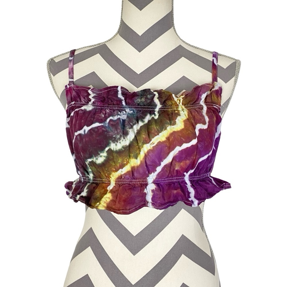 Handmade Geode Tie Dye Tank Top Womens Size Small Cropped Shirt Ruffle Pink Tan